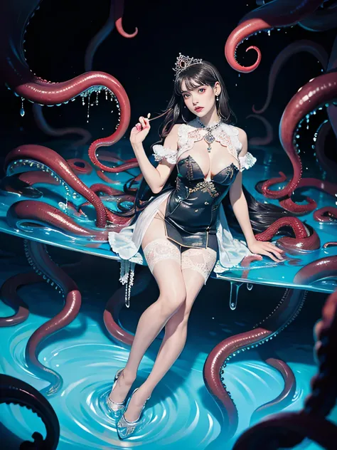 8K quality, anatomically correct limbs and fingers (big breasts: 1.3), (hands hidden behind body), surrounded by a large number of tentacles, vaguely glowing tentacles, looks like oil is applied from the neck down A wet body (breasts facing upwards), flush...