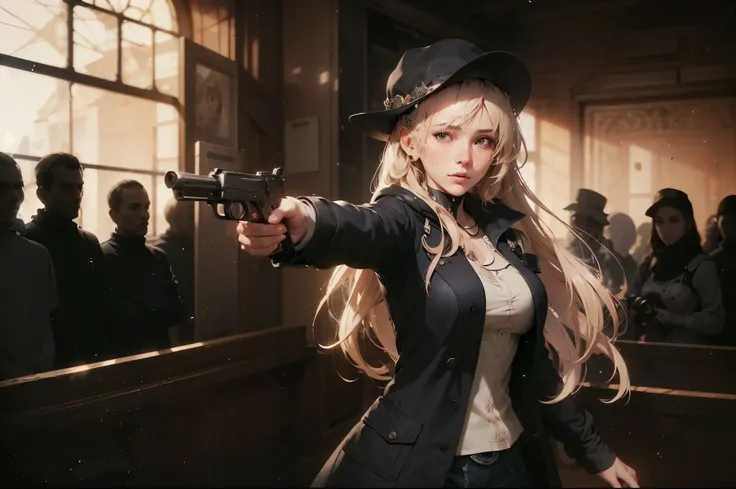 a woman wearing long jacket, pointing a gun to the viewer, ((inside court room)), atmosphere looks so sad and dark, very sad face, sad moment, almost cry, masterpiece, best quality:1.2),(8k,highres,RAW photo,realistic,photo-realistic:1.3),(detailed skin te...