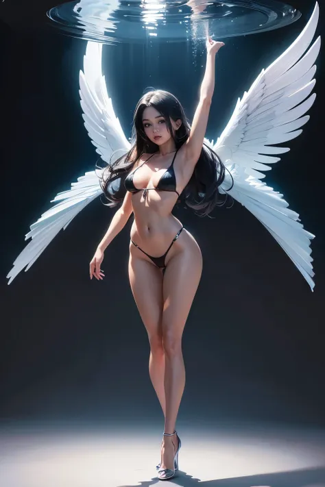 Sexy angel woman wearing transparent sexy micro bikini full body standing with arms down,vista frontal