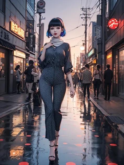     (artistic:1.3), (1960s Tokyo fashionista), (hidden alleyway in Shibuya), (stylish polka dots jumpsuit:1.3), (best quality:1.4), (illustration), chic and confident pose, sleek bob hairstyle with a headscarf, (translucent [tokyo:shibuya:0.7] trendy stree...