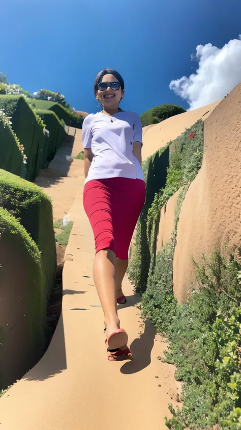 A young woman in her 27 walking on the beach. Realistic photo quality. 