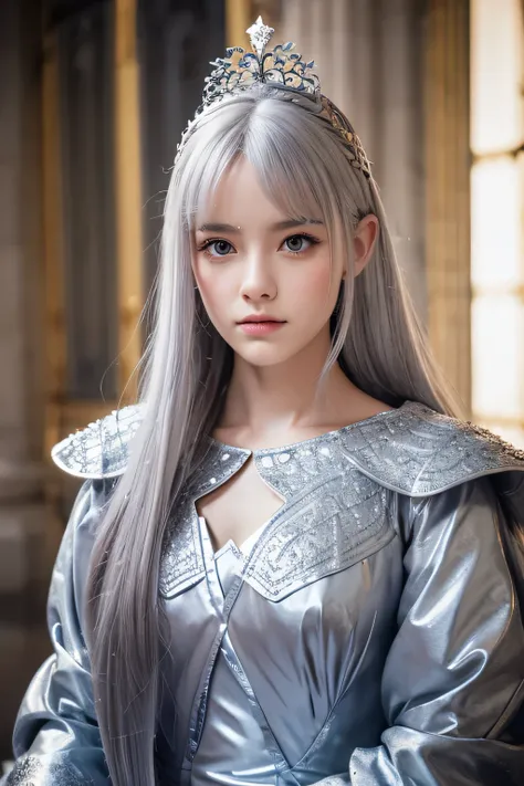 brunette-like silver hair、less skin exposure、inside the royal palace、beautiful scenery、fantasy、Costume with attention to detail in calm colors、Mature costume、great atmosphere、highest quality、genuine、（faded texture）、In 8K、fine skin、young half、18-year-old、Su...