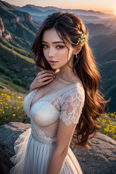 A beautiful woman stood atop a rocky outcropping,  Her hair was swept up in loose curls that tumbled down her back, a subtle hint of makeup accentuated her high cheekbones, full lips, and flawless complexion. As she turned to face the camera, a soft smile ...