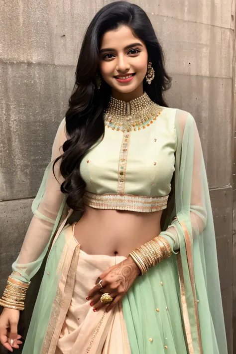 1cute confident young indian girl wearing a lehenga with a dupatta over her body, indian marriage background, wide smile, candid, full body pic, dancing, height 160 centimetres, petite build, fair skin, average hair length of 60 centimetres, photorealistic...