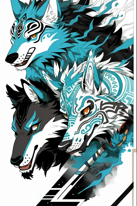 8k, cover_page, Tribal Spirit animals, A t-shirt design inspired by tribal art and folklore, featuring intricately detailed spirit animals such as wolves, The design incorporates geometric patterns and bold linework to create a striking and powerful compos...