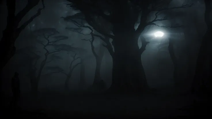 Em meio ao brilho sinistro do luar, The forest is shrouded in an ethereal mist, increasing the sense of mystery and discomfort. Ancient trees rise tall like spectral sentinels, casting ominous shadows over the forest floor.

The enigmatic, Skeletal figure ...