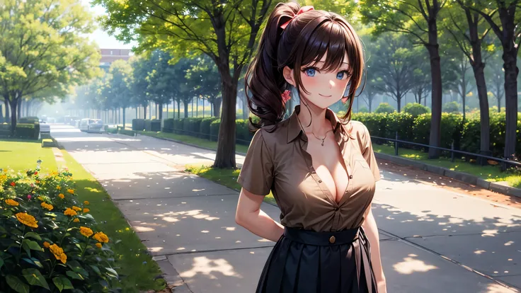 1girl, full body, solo, flowers, trees, brown hair, curly hair, long hair, ponytail, large breasts, button down shirt, cleavage 1:3, ((brown green shirt)), ((unbuttoned shirt)), ((short sleeved shirt)), blue eyes, skirt, smile, looking at the viewer, ((sta...