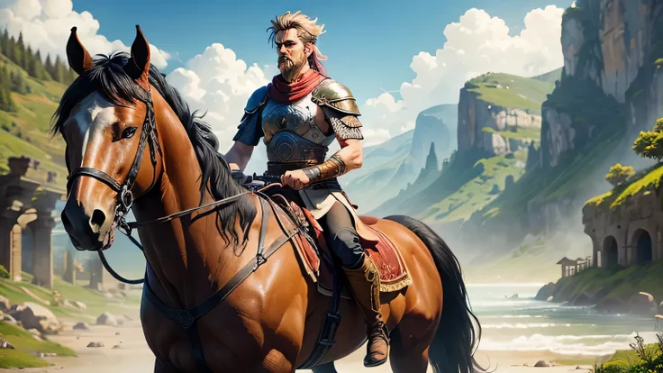 stoic warrior，ancient philosopher，ride horse，scenic background，nature