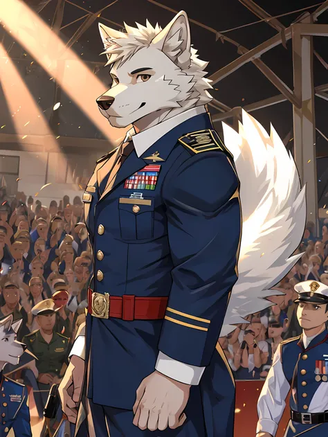 white wolf,dark brown eyes,Bouncing body,wearing usmc dress blues alphas 2.0,Looking straight at the viewer,Face the audience.,Behind is a military camp.