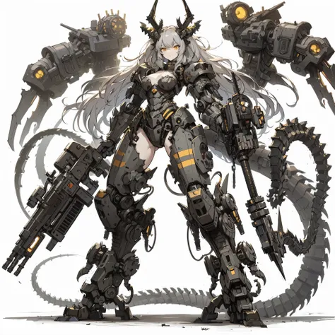 masterpiece, best quality, ultra-detailed, anime style, full body of chaos mechanized demon girl, mechanized limbs, heavy weapon...