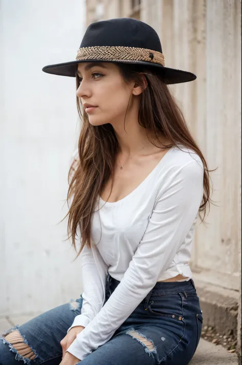 beautiful woman ,30 years old, dark bown eyes, dark brown hair, standing on a square infront of a church in mexico, wearing black jeans black tshirt nad white jeansjacket, wearing black hat, perfect face, one beautiful woman, oval face, senseful lips, big ...