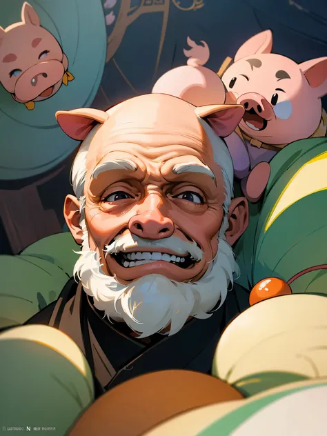 anime illustration、High resolution、An old man wearing a pig costume、Smiled look、Tokyo Harajuku