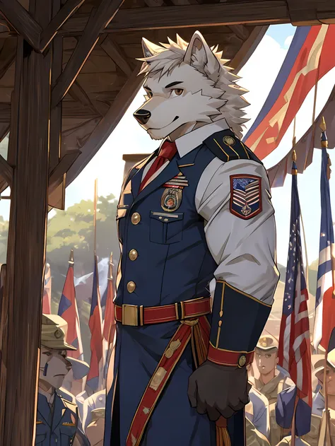 white wolf,dark brown eyes,Bouncing body,wearing usmc dress blues alphas 2.0,Looking straight at the viewer,Face the audience.,Behind is a military camp.