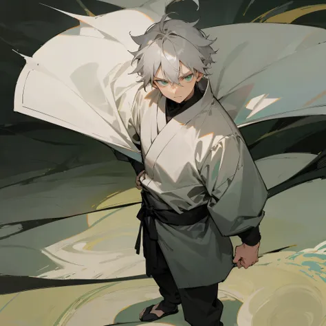 1male , Light Grey Hair , Serious Expression , Tired Eyes , Lean Build , Ninja Clothing , Black Longsleeve , Green Eyes , Standing on Path , Village Background , Adult Male