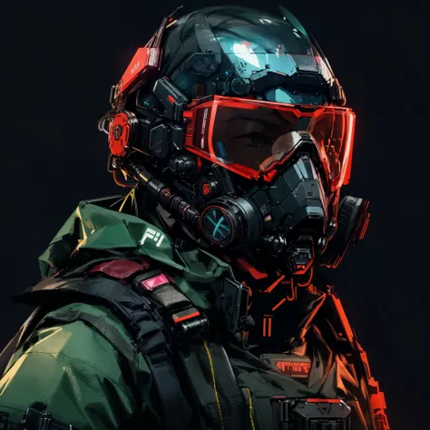 Close-up of a man wearing a gas mask and goggles, cyberpunk soldier, futuristic soldier, sci-fi soldier, neon operator, Surreal cyberpunk style, Future combat equipment, Wearing tactical armor, special ops mask, Specifications - Action Head with Mask, Futu...