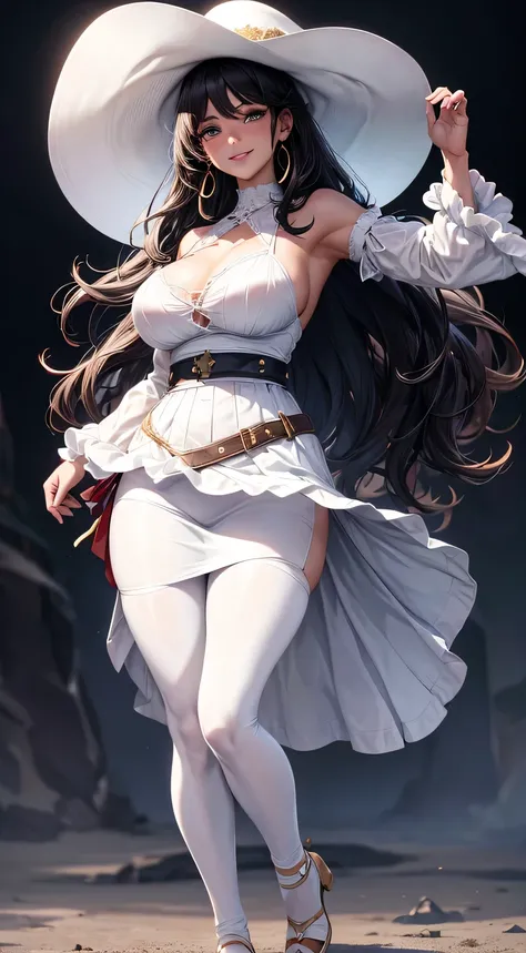 (best quality:1.5, highres, UHD, 4K, detailed lighting, shaders),black wavy hair, gradient hair, large breasts, white shirt, white skirt jeans, mature woman , white Witcher hat, (pov), white background, colorful red eyeshadow, dramatic lighting, smile eyep...