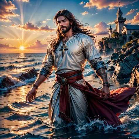 sunset spacious sunrise sunshine, a handsome god jesus christ ( jesus) blessing to the sky 35 years old with a long brown hair a...