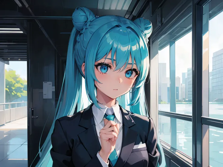 A girl with Aqua Blue Hair, Aqua blue eyes, Long Hair, Bun hairstyle, Wearing a black and white suit for a meeting