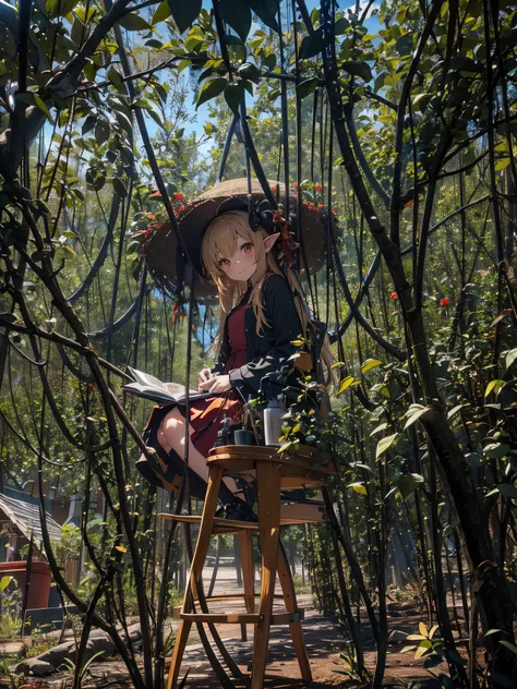 goblin, multiple girls,beautiful face, smile, red eyes, sitting,red dress, green hair, looking at the viewer, blonde long hair,gold eyes,shirt, skirt, window,Tea picking、harvest、おTea picking、collection