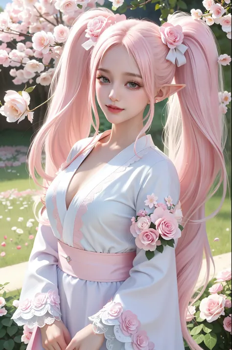 (masterpiece), high details, high quality, photorealistic, hyper-detailed, realistic skin texture, perfect face, (A beautiful elf girl in Kimono, young elf, cute girl, young girl), (smirk), smile, (beautiful details white kimono, satin, sakura pattern, pin...