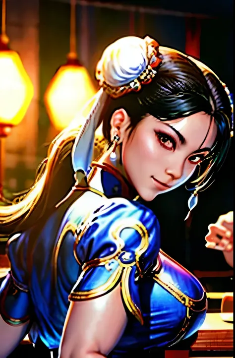 A front view of Chun Li, 26 years old, busty, wide hips, slim waist, long hair, wearing a lowcut party dress, Chinese style, real skin texture, highly detailed eyes, realistic eyes, smiling at the viewer, atmospheric, photo-realistic, High resolution, 8k, ...