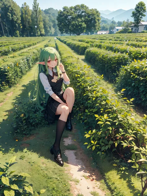 goblin, girl,beautiful face, smile, red eyes, Chinese dress, green hair, looking at the viewer, mini skirt, window,Tea picking、harvest、おTea picking、collection、green long hair、elf