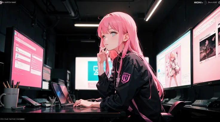 anime - style illustration of a woman sitting at a desk with a laptop and a computer monitor pink colored, lofi girl, lofi artstyle, lo-fi illustration style, lofi art, inspired by Liam Wong, cyberpunk art style, atey ghailan 8 k, lofi portrait, inspired b...