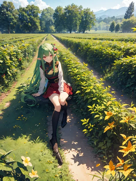 goblin, girl,beautiful face, smile, red eyes, Chinese dress, green hair, looking at the viewer, mini skirt, window,Tea picking、harvest、おTea picking、collection、green long hair、elf