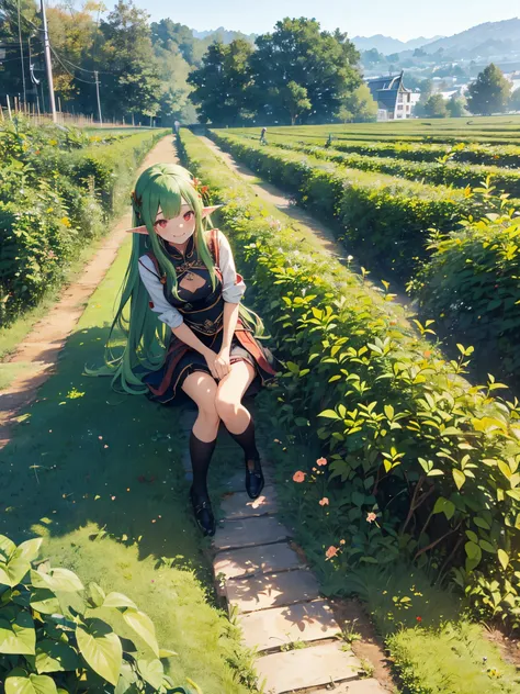 goblin, girl,beautiful face, smile, red eyes, Chinese dress, green hair, looking at the viewer, mini skirt, window,Tea picking、harvest、おTea picking、collection、green long hair、elf