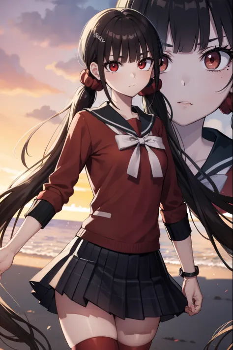 makiharukawa, harukawa maki, long hair, bangs, brown hair, black hair, hair ornament, (red eyes:1.5), twintails, very long hair, hairclip, blunt bangs, mole under eye, low twintails, scrunchie, hair scrunchie, red scrunchie, (small breast:1.2), BREAK skirt...