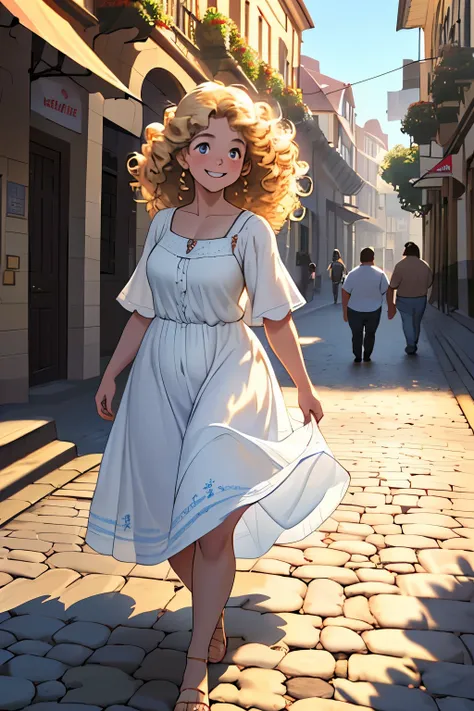 (Best Quality, 4k, 8K, high resolution, Masterpiece: 1.2), A heavyset Chilean man with a friendly smile, wearing a loose-fitting white shirt and blue jeans, holding hands with a petite girl in a red sundress. They stroll along the cobblestone streets, the ...