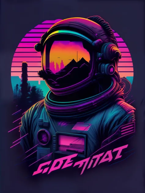 Synthwave astronaut with glasses, adesivo do logotipo do vetor, obra de arte, estilo de polpa de manga, sombreamento plano, Solid background color, Design de camiseta