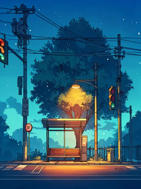 Draw an anime simple scene of an old abandoned bus stop on the road under a flickering street light, night, lonely, tree behind, polr. traffic signal, trees, sunny day, blue cloudy sky, beautiful color palette, vibrant saturated colors,