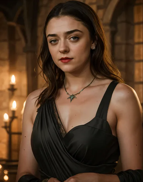 Foto RAW, RAW photograph of Maisie Williams as Arya Stark, Arya Stark, mediaeval world cinematic background, Extremely gorgeous lady, Arya Stark PLAYED BY MAISIE WILLIAMS, Queen Arya Stark, she  a mature woman now, milf, sexy mediaeval battle dress, gladia...