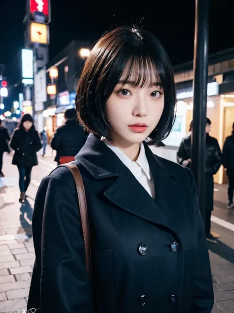 Bewitching eyes, well-balanced eyes, //street snap //wearing "HERMÈS" clothes, winter //breast focus, ((facing viewer)), //at the street in tokyo, //japanese lady, pale skin, bob cut, black hair, dark blue hair, blunt bangs,//((standing)), high quality:1.3...