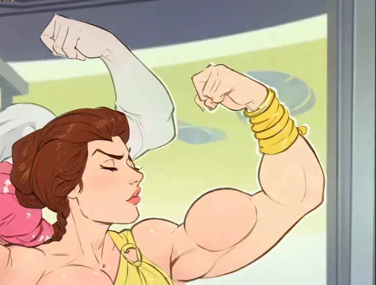 muscle woman with braided brunette hair wearing ancient greek yellow tunic flexing massive muscles wearing yellow metal bracelet, muscle woman, huge muscles, muscle girl, biceps, pecs