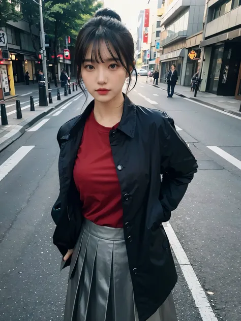 Bewitching eyes, well-balanced eyes, //street snap //wearing black Down jacket and red shirt and long skirt, //breast focus, ((facing viewer)), //at the street in tokyo, //japanese lady, pale skin, half updo,//droopy eyes,//dark blue hair, blunt bangs,//((...