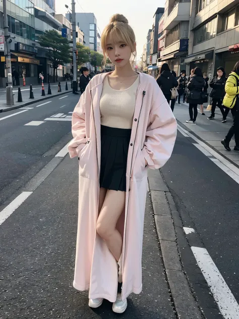 full body,// Bewitching eyes, well-balanced eyes, //street snap //wearing north face pink Down-jacket and long skirt, //breast focus, ((facing viewer)), //at the street in tokyo, //japanese lady, pale skin, half updo,//droopy eyes,//yellow hair, blunt bang...