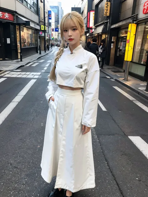 full body,// Bewitching eyes, well-balanced eyes, //street snap //wearing north face white Down-jacket and white long skirt, //breast focus, ((facing viewer)), //at the street in tokyo, //japanese lady, pale skin, half updo,//droopy eyes,//yellow hair, blu...