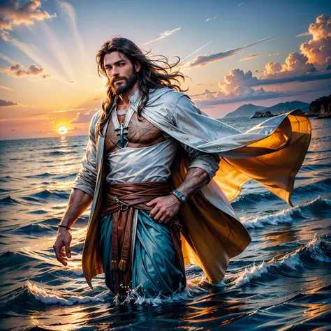 Sunset Spacious Sunrise sunshine, A handsome god Jesus christ ( jesus) blessing to the sky 35 years old with a long brown hair and long beard, healing woman, heaven blessings light with a cross background) happy face, ultra pro-realistic ,A beautiful ultra...