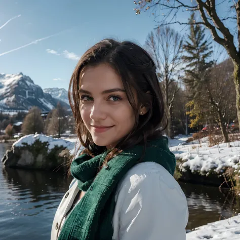 portrait, (Meisterwerk), (best quality:1.4), Absurdity, [:Komplizierte Details1.5], 1girl, perfektes Gesicht, Beautiful smile, Baum, Schnee, Allein, Outside, Wasser, Berg, Wasserfall, Winter outfit, lange Haare, Landschaft, Winter, See, (Blick auf den Betr...