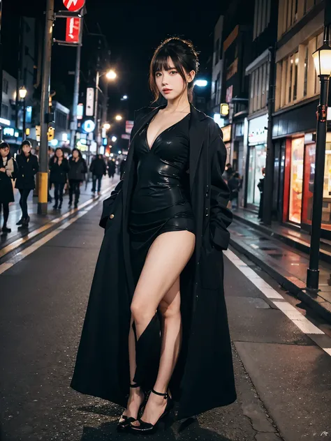 full body,// Bewitching eyes, well-balanced eyes, //street snap //wearing black long coat and long bodycon dress //breast focus, ((facing viewer)), //at the street in tokyo, //japanese lady, pale skin, half updo,//droopy eyes,//gold hair, blunt bangs,//((s...