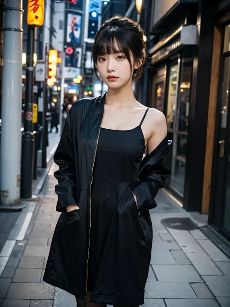 full body,// Bewitching eyes, well-balanced eyes, //street snap //wearing black long coat and long bodycon dress //breast focus, ((facing viewer)), //at the street in tokyo, //japanese lady, pale skin, half updo,//droopy eyes,//gold hair, blunt bangs,//((s...