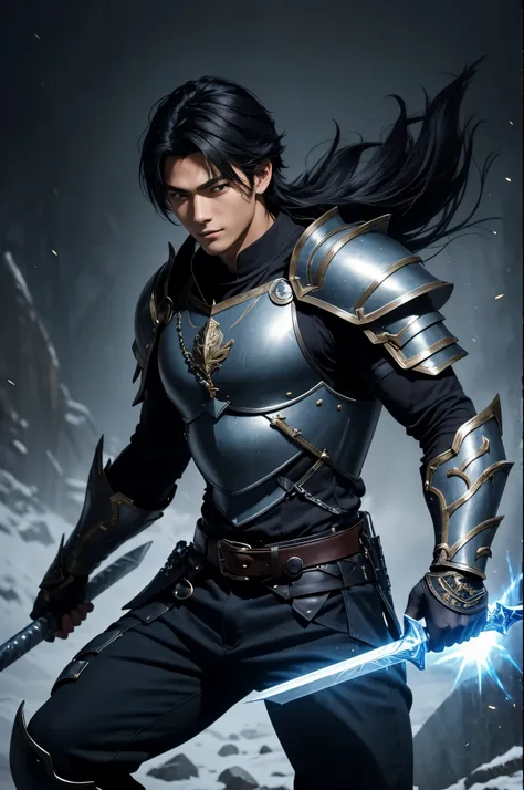 8K,black wolf hair boy,Japanese super handsome(like the real thing),wild boy,black and blue armor(Precise workmanship of the hero&#39;s emblem),luxury black and blue pants,blue and black shoulder armor,blue and black waist armor,blue and black leg armor,mu...