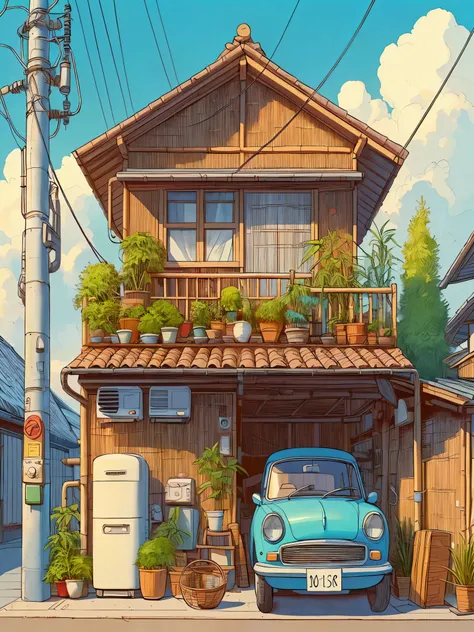 Draw an anime simple scene of an old house made out of bamboo, plants on roof and in pots, blue vintage old style car in garage below, air conditioner, electricity meter, pole, cloudy sky, beautiful color palette, vibrant saturated colors,