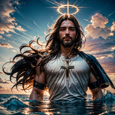 sunset spacious sunrise sunshine, a handsome god jesus christ ( jesus) blessing to the sky 35 years old with a long brown hair a...