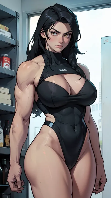 pale girl muscular girl big breasts black hair yellow eyes expressionless