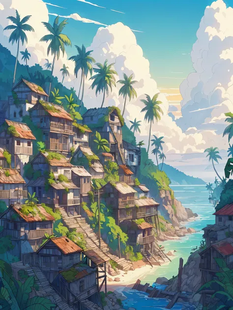 Draw an anime simple scene of populated old broked walled huts colony located on the cliff near sea, palm trees in colony, plants and moss on roof, cloudy sky, beautiful color palette, vibrant saturated colors, no human