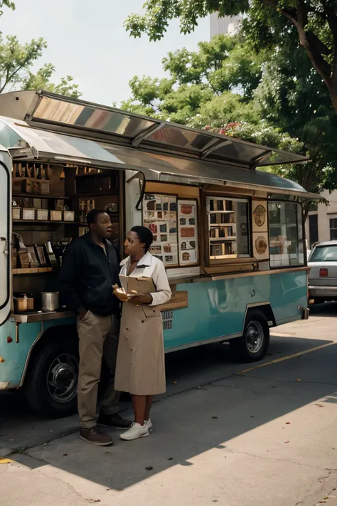 outside of a food truck in the style of books, no people, finding forrester