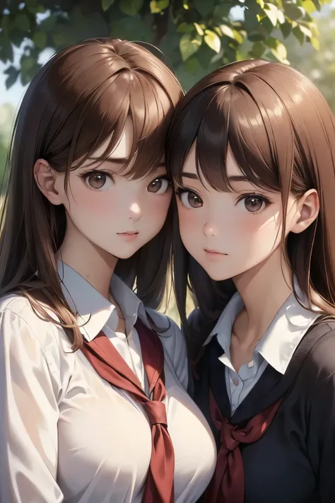 (best quality,4k,8k,highres,masterpiece:1.2),ultra-detailed,(realistic,photorealistic,photo-realistic:1.37),portraits,anime,full body,two girls,cute,brown hair,big breasts,slender,big eyes (detailed,expressive:1.1),small nose,school uniform,school,lesbian,...